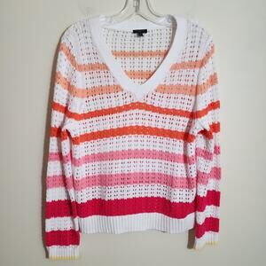 Talbots open knit pink ombre striped v-neck sweater woman's size Large Petite